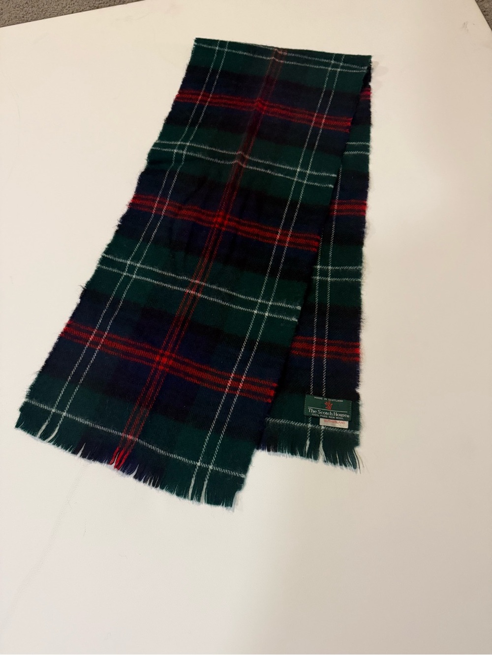 Men's Green Tartan Plaid Wool Scarf with Red Accents